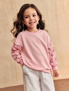 SHEIN Young Girl Jacquard Patchwork Long Sleeve T-Shirt,Casual Loose Crew Neck Solid Pullover,Black Autumn Family Matching(2 Pieces Sold Separately) - Pink - View 3
