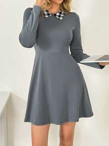 Ritzy Row Vestido corto de punto con cuello redondo y estampado de cuadros para mujer