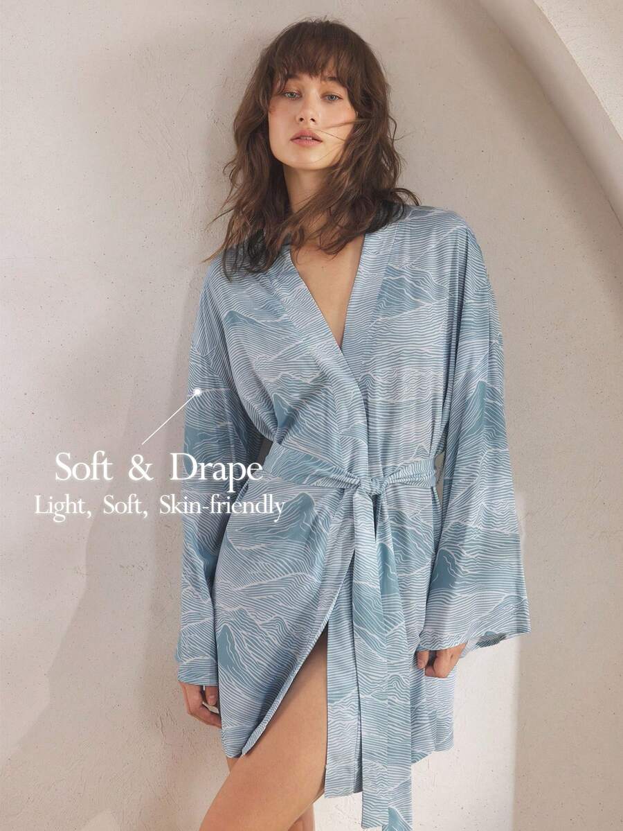 Ocili 休闲简约光滑睡袍，印花舒适垂坠女士睡衣，时尚秋夏睡袍轻薄蓝色睡袍，冬季 - 藍色 - 查看 1