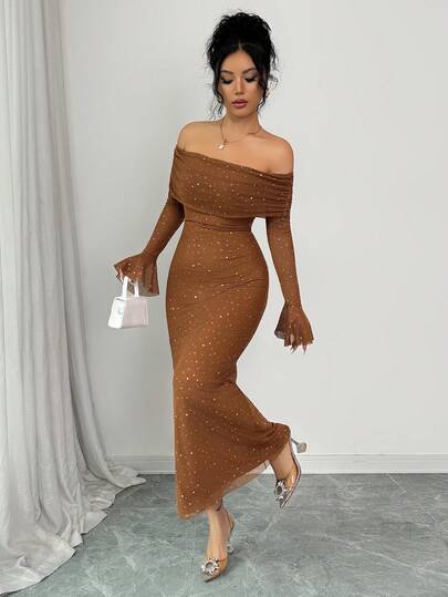 Rafferiza Women's Elegant Off-Shoulder Rhinestone Mesh Maxi Dress