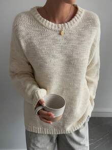 Livesso Women's Solid Color Round Neck Drop Shoulder Long Sleeve Casual Loose Sweater, Autumn/Winter - Beige - View 5
