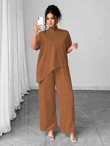 Elenzga Bộ 2 món áo cổ lọ tay ngắn viền bất đối xứng thời trang thường ngày cỡ lớn cho nữ + quần ống rộng trơn - Màu nâu  Mocha - Xem 5