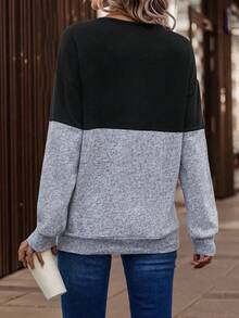 SHEIN LUNE 女士撞色V领落肩长袖休闲宽松卫衣 - 彩色 - 查看 2