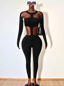 BamGleam Combinaison longue sexy à manches longues et décolleté ajouré pour femmes, couleur unie