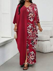 SHEIN Lady Đầm mùa hè rộng rãi, thoải mái, cổ chữ V, tay dài, họa tiết hoa, chắp vá cỡ lớn - Màu Đỏ Sâu - Xem 1