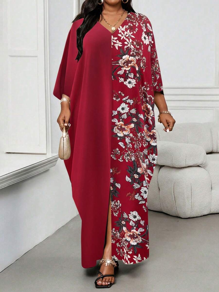 SHEIN Lady Đầm mùa hè rộng rãi, thoải mái, cổ chữ V, tay dài, họa tiết hoa, chắp vá cỡ lớn - Màu Đỏ Sâu - Xem 1