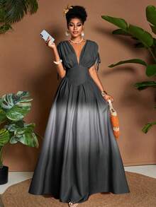 Eryvara Đầm maxi chữ A thắt nơ cổ chữ V họa tiết ombre lãng mạn thanh lịch dành cho nữ, thiết kế đa năng cho các buổi đi chơi, bãi biển, lễ hội âm nhạc, trang phục dự tiệc cưới tốt nghiệp cho khách mời, phong cách công sở thường ngày Boho, thắt nơ eo đàn hồi, du lịch nghỉ dưỡng, váy maxi chữ A mùa xuân/hè/thu - Xám - Xem 3