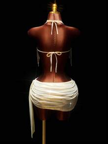 Amplova Sequin Tassel Crop Top & Ruffle Asymmetric Hem Mini Skirt 2 Pieces Set, Sexy Party Outfit - Gold - View 2