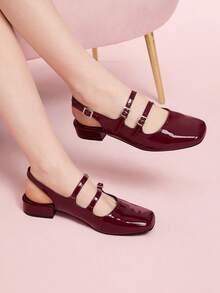 CUCCOO DOLLMOD Women Square Toe Vintage Ballet Style Sweet Burgundy Mary Jane High Heels, Casual Spring Outfit Shoes Spring Shoes Spring Break Easter For Christmas - Burgundy - View 5