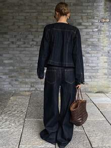 Livesso Women's Casual Denim Suit, Crew Neck Top And Pants, Autumn/Winter