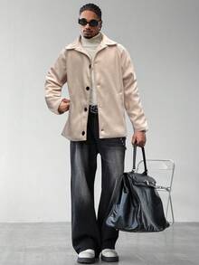 Manfinity Homme Men's Solid Color Raglan Sleeve Single-Breasted Casual Overcoat, Autumn/Winter Outerwear - Beige - View 3