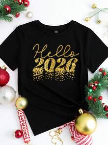 Manfinity Homme 2026新年快乐流星亮片印花黑色圆领T恤，限量版情侣礼物 - 黑色 - 查看 3