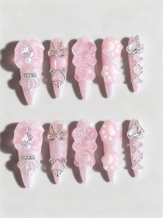Kawaii 10pcs Cute Style Bear Handmade False Nails + 3pcs Double-Sided Tape, Removable Y2K Bow Hand-Painted Nail Stickers, High-Quality Color Block Nail Art, Suitable For Festival Parties, Dance And Daily Wear ,Pink