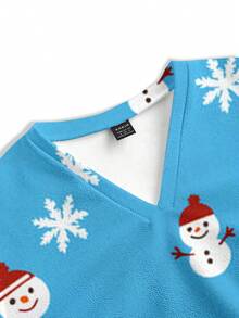 TaskEZ Women's Snowflake & Snowman Print V-Neck Short Sleeve Pocket Scrub Uniform Top