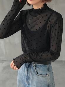 FRIFUL 女士波点印花网纱长袖立领衬衫 - 黑色 - 查看 5