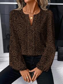 SHEIN LUNE Áo kiểu nữ cổ chữ V tay phồng họa tiết da báo, thích hợp cho mùa xuân, thu, tiệc năm mới. - Cà phê nâu - Xem 4
