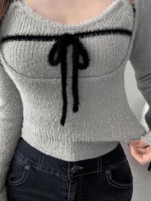 FRIFUL Women's Apricot Solid Color Inner Pocket Sleeveless Jacket, Long Sleeve Contrast Color Drawstring Bow Knit Sweater 2 Pieces Set, Autumn - Light Grey - View 4