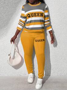 Zolique Bộ 2 món áo thun dài tay cổ tròn in họa tiết sọc và quần dài cho nữ, mùa thu - Nhiều màu - Xem 5