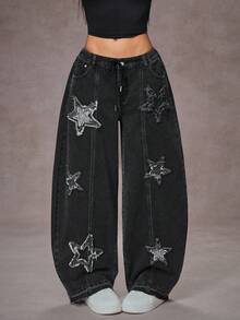 Jeanoix Y2K 时尚休闲街头风星星刺绣毛边破洞牛仔裤 - 黑色 - 查看 8