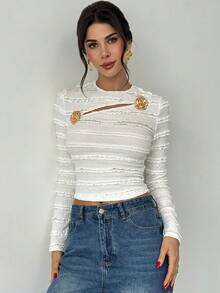 Firerie 女士优雅时尚镂空玫瑰金属装饰纹理面料修身长袖杏色T恤，秋冬款 - 杏色 - 查看 5