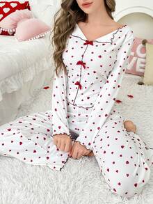 CottageSlumber 爱心印花V领蝴蝶结装饰长袖睡衣套装，适合假日、秋冬季穿着，舒适优雅。 - 彩色 - 查看 4