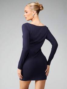 MISSGUIDED Bodycon Long Sleeve Boat Neck Ruched Mini Dress Evening Party Fall Winter Style - Navy Blue - View 2