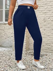 SHEIN PETITE CURVE Plus Size Women's Letter Embroidered Pockets Casual Tapered Pants/Winter - Navy Blue - View 5