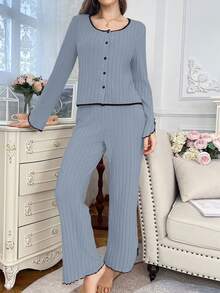 Women's Casual Fleece Long Sleeve Top And Pants Lounge Set, Autumn/Winter, Cozy - Blue - View 4
