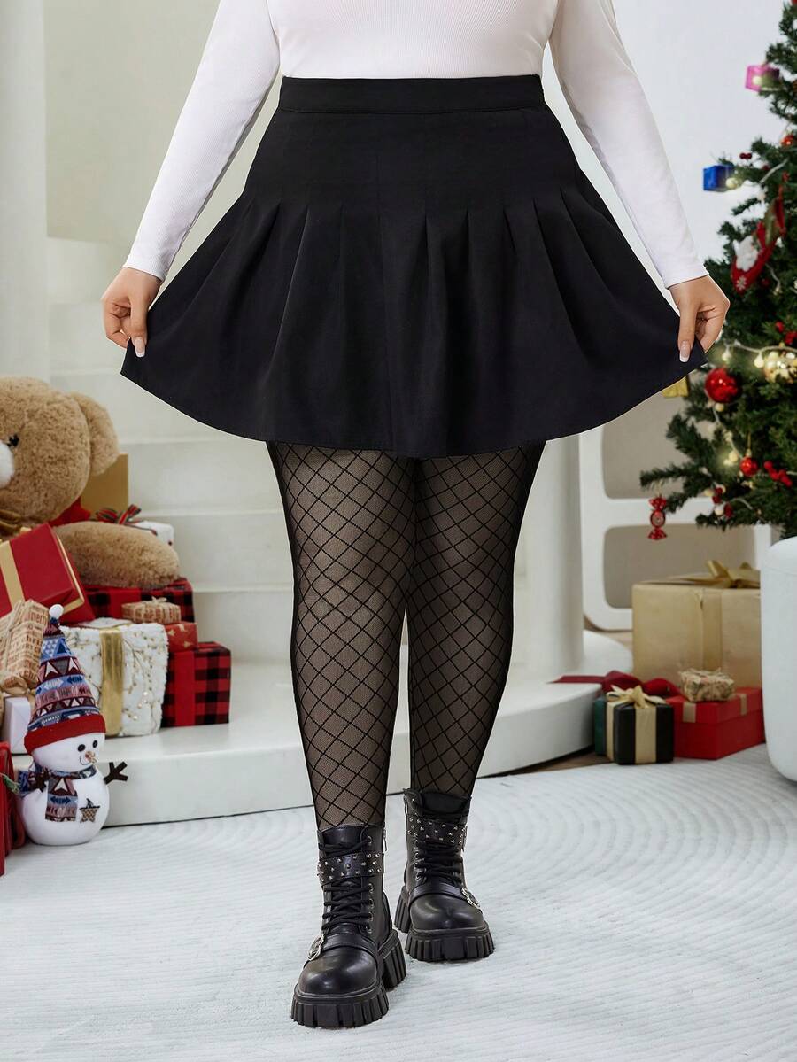 SHEIN CURVE+ 大号黑钻网布内衬羊绒打底裤,秋冬款 - 黑色 - 查看 1