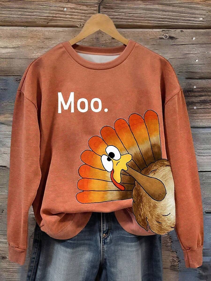 Men's Turkey Print Fashionable Crew Neck Pullover Sweatshirt - Orange - View 1