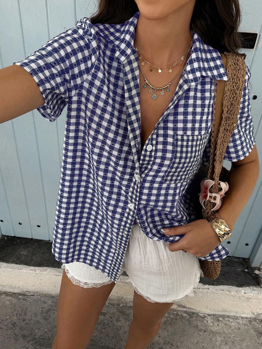 Breezaya Fashionable Holiday Style Patterned Short Sleeve Shirt For Women - Blue and White - View 1