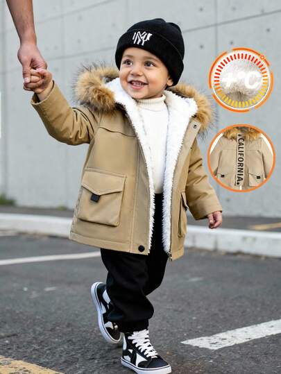 SHEIN Abrigo acolchado para bebé niño/niña, abrigo de invierno, abrigo acolchado, chaqueta de forro polar gruesa con capucha de piel, caqui, cálido y cómodo, estilo casual versátil que combina con todo, adecuado para interior, exterior, esquí, uso diario, deportes, juegos, fiestas, fotografía en otoño/invierno, abrigos de bebé niño, chaquetas de estilo coreano para bebé niño, ropa de otoño-invierno para niños, chaquetas de invierno para niños, abrigos con ribete de piel para niños