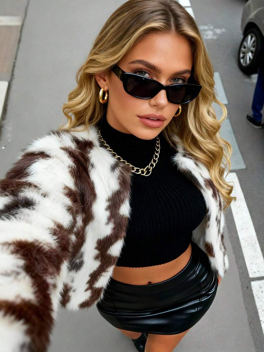 SHEIN Clasi 大码女式撞色短款圆领时尚仿皮草夹克