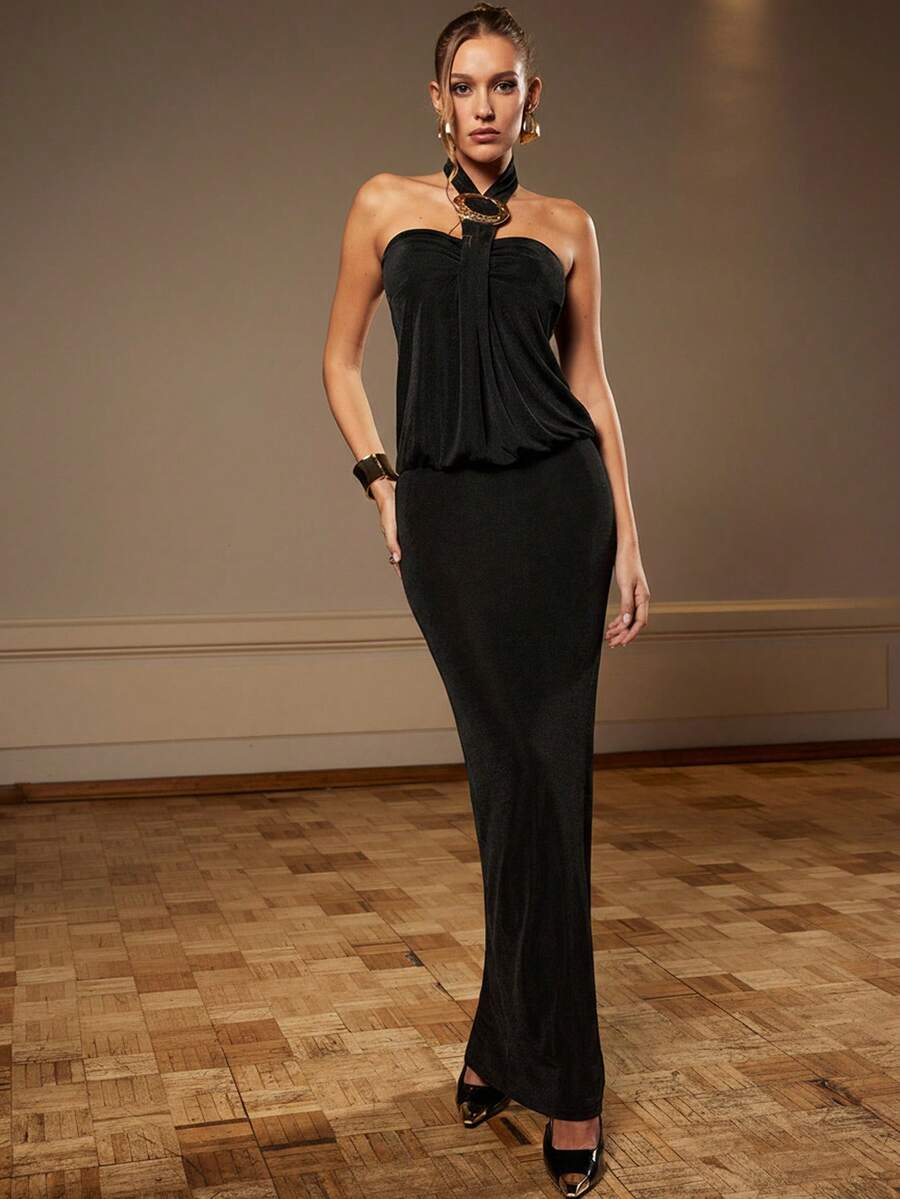 Silquee Women's Black Summer Elegant High-Neck Pleated Metal-Buttoned Glossy Knit Maxi Dress, Strapless Spaghetti Strap Party Night Gown For Christmas - Black - View 1