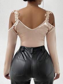 VaVaBold Women's Guipure Lace Patchwork Ruched Open-Shoulder Bodysuit Fall Cloth For Women - Apricot - View 3