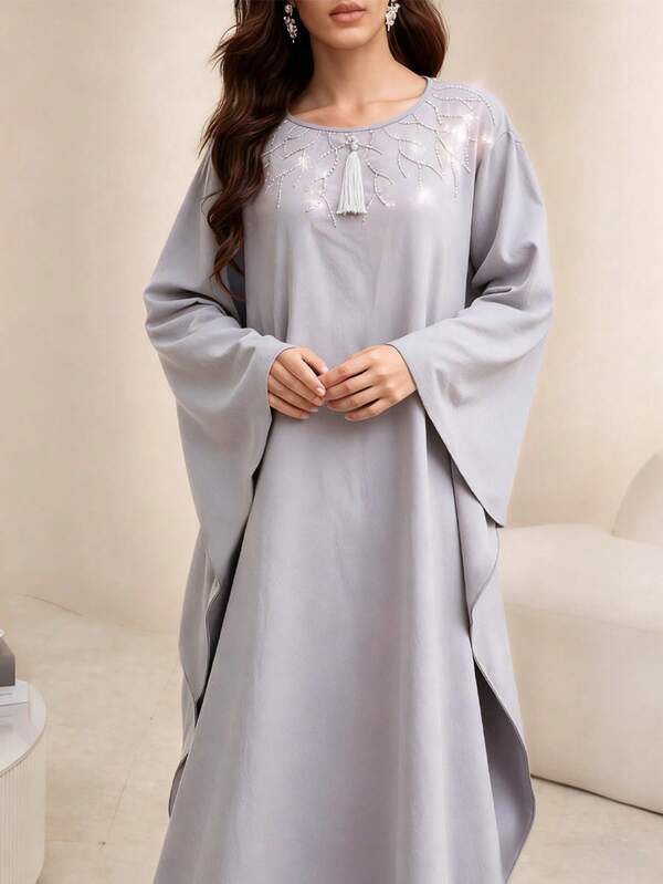 Al Najma Women's Elegant Loose Fashion Ruched Flounce Embroidered Beaded Tassel Sequin Fabric Sense Netred Dress, Suitable For Daily Wear, Date, Commute, Arabic Style