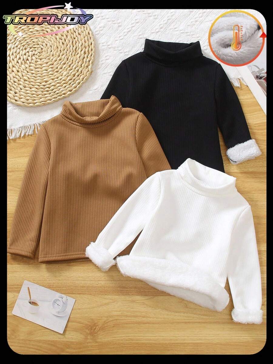 3pcs/Set Girls Turtleneck Black, White & Pink Long Sleeve T-Shirts, Fluffy Lining, Suitable For Home & Daily Wear, Autumn/Winter - Multicolor - View 1