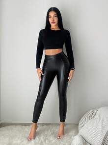 SHEIN SXY 女士褶皱休闲黑色皮革街头紧身裤 - 黑色 - 查看 3