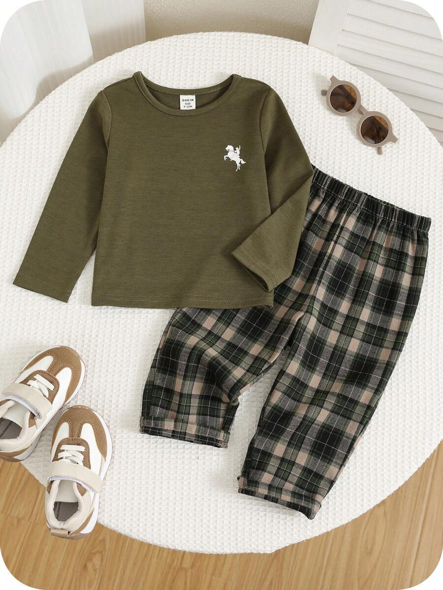 SHEIN 2pcs/Set Toddler Boys' Casual Long Sleeve Top And Pants Pajama Set - Army Green - View 1
