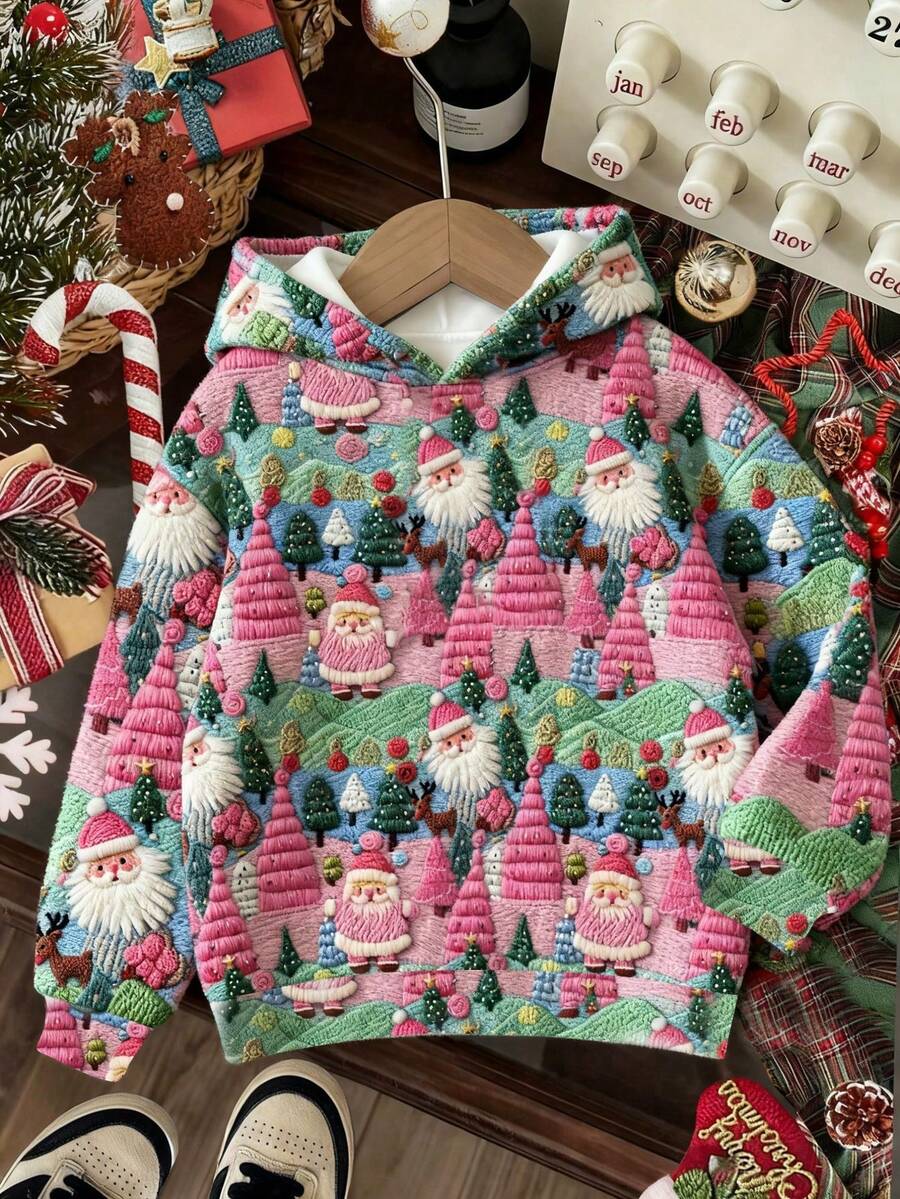 SHEIN EZwear 圣诞休闲简约印花宽松连帽长袖卫衣,女士秋冬服装,圣诞节 - 彩色 - 查看 1