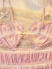 DelicateAllure Váy ngủ hai dây viền bèo nhún nơ thời trang gợi cảm cho nữ - Màu Hồng baby - Xem 12