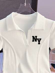 Resyla Women's Letter Print Polo Collar Short Sleeve Casual T-Shirt - White - View 3