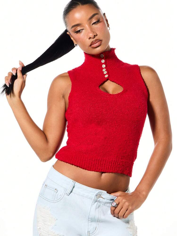 SUMWON WOMEN Sleeveless Knit Tank With Keyhole Cutout