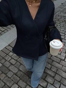 Siren Gaze Damen Einfarbige V-Ausschnitt Langarm Doppelreiher Lässig Jacke