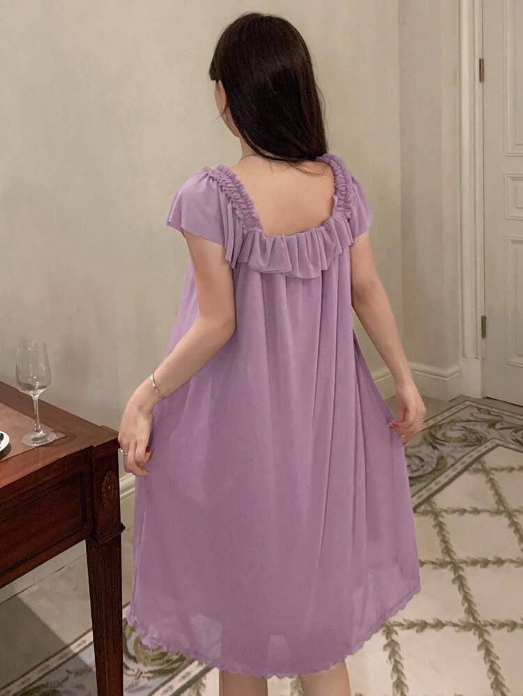 Lightweight Ruffled Mesh Women's Nightgown, Sleepwear Dress