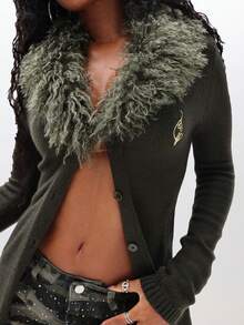 BABYPHAT 秋冬季羽毛装饰长款开襟羊毛衫，配人造毛皮领。 - 墨綠色 - 查看 6