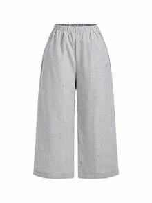 Ocili Comfortable Cotton Striped Drawstring Cropped Pants Women Pajama Set - Grey - View 8