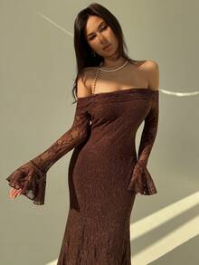 Aloruh 1件女士性感露肩修身长袖连衣裙 - 棕色 - 查看 7