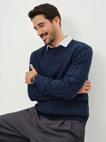 Manfinity Mode Men's Casual Cable Pattern Crew Neck Long Sleeve Sweater, Autumn/Winter - Navy Blue - View 6