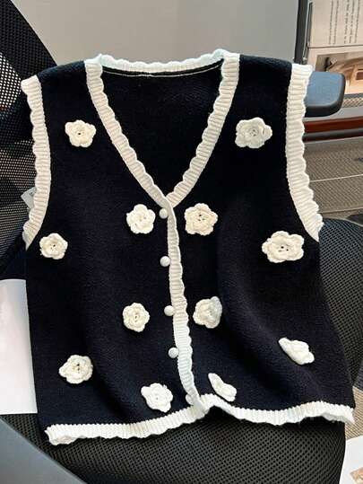 Modelyn 秋冬季撞色花卉纽扣开衫背心，时尚休闲百搭针织毛衣外套